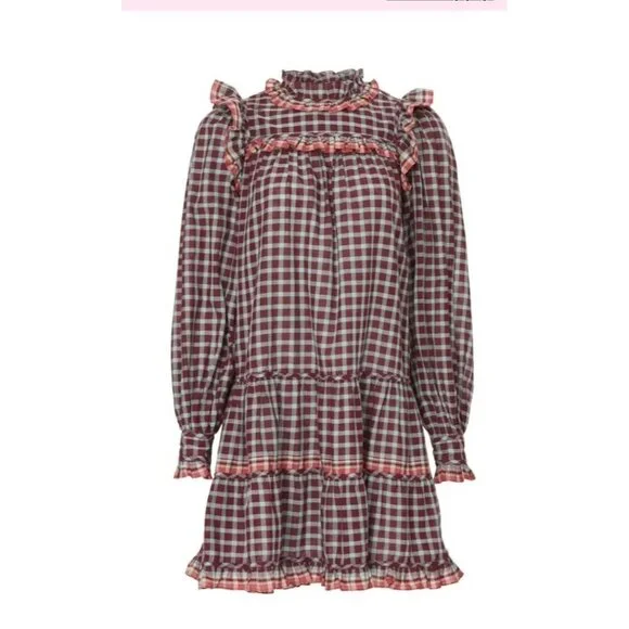 Ulla Johnson Elm Plaid Ruffle Mini Dress Size 8 Burgundy Check Long Sleeve - Picture 2 of 13